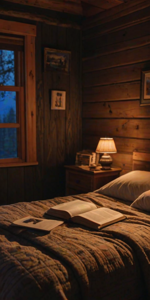 Warmly lit photo of a cozy cabin bedroom at dusk, with soft candlelight casting warm shadows on the wooden walls, a quilted bedspread, and a stack of novels on the bedside table.