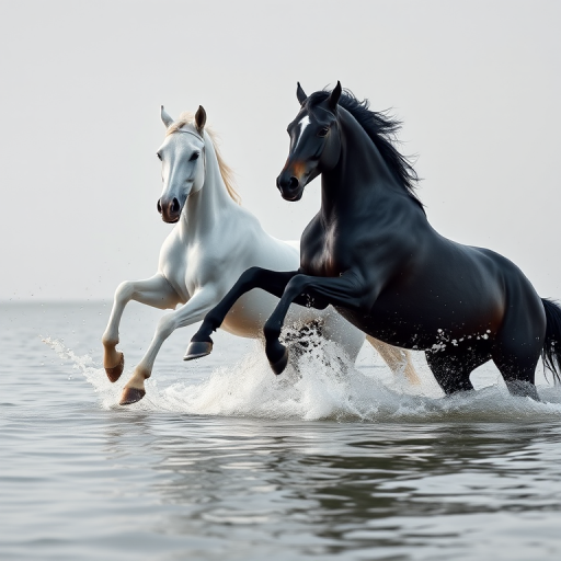Create an illustration of two horses, one white and one black, galloping through shallow water with splashes, set against a minimalist background, use a Canon EOS 5D Mark IV with a 50mm f/1.2 lens, aperture set to f/2.8, shutter speed 1/2000s, ISO 100, with a low-angle shot and soft focus to enhance the dramatic effect.