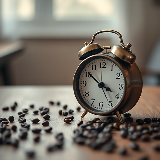 A vintage alarm clock on a wooden table with scattered coffee beans, softly lit from the side, shallow depth of field, shot with a 50mm lens at f/1.8, ISO 200, 1/125s, using a DSLR camera.