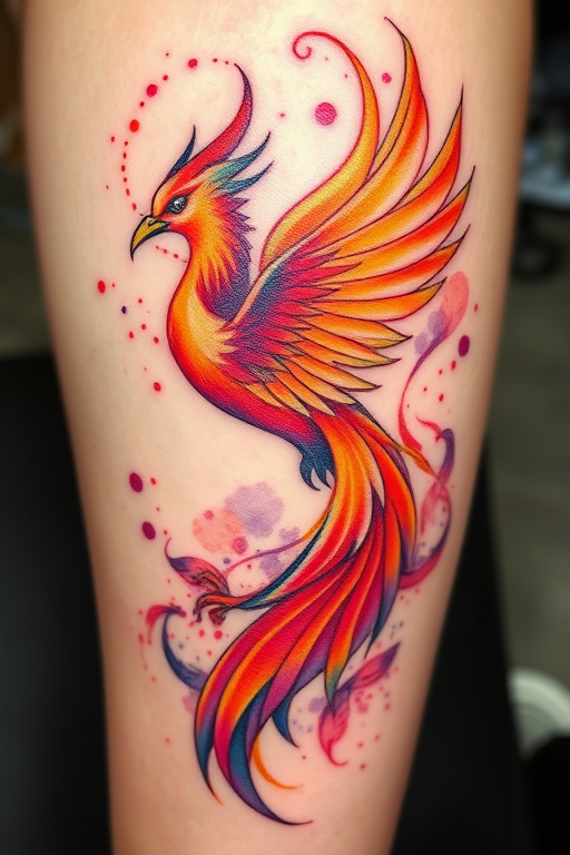 Vibrant watercolor phoenix tattoo featuring swirling hues of orange, red, and purple, rising from ashes with intricate feather details and golden accents, symbolizing rebirth and transformation in a painterly style