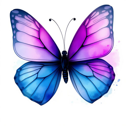 Create an artistic illustration of a butterfly with large wings. The wings should be a blend of vibrant purple and blue hues, featuring delicate swirls and splashes of watercolor effects. The background should be soft and light, enhancing the ethereal quality of the butterfly.