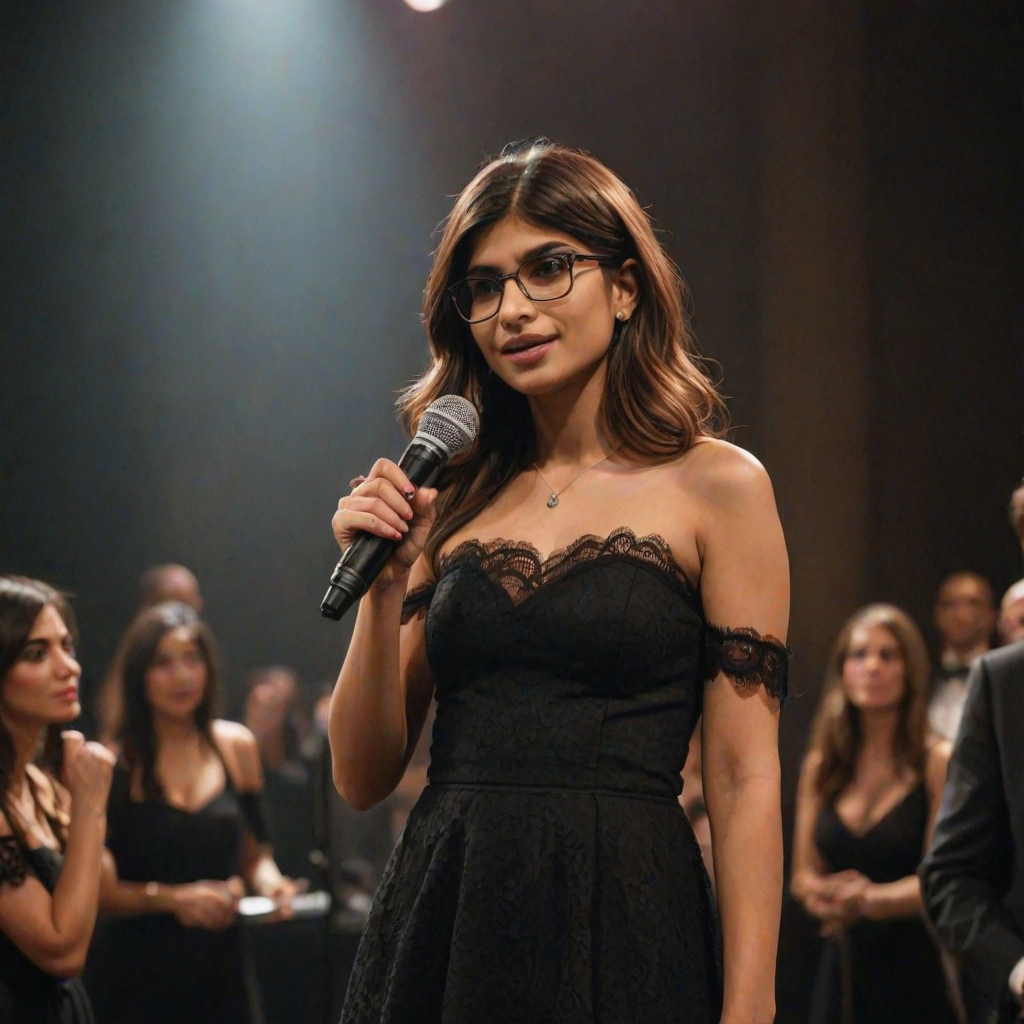 mia khalifa with long, flowing brown hair is standing in the center of the frame, holding a microphone in her right hand, and looking slightly off to the right side of the frame. She is wearing a black, off-the-shoulder dress with delicate lace detailing. The lighting is warm and dramatic, creating a spotlight effect on the singer. There are other figures in the background, blurred and out of focus, suggesting a concert or performance setting. The camera angle is low, capturing the woman from the waist up. The overall atmosphere is intimate and captivating.