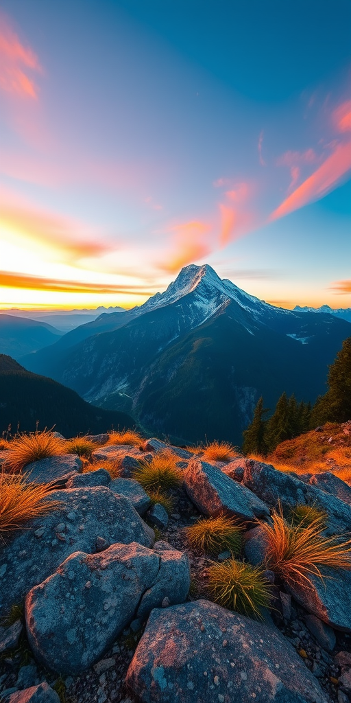 Create a high-resolution image of a mountain landscape during sunset with vibrant colors, using a DSLR camera set to f/8, ISO 100, 1/125 sec, wide-angle view, and HDR style.