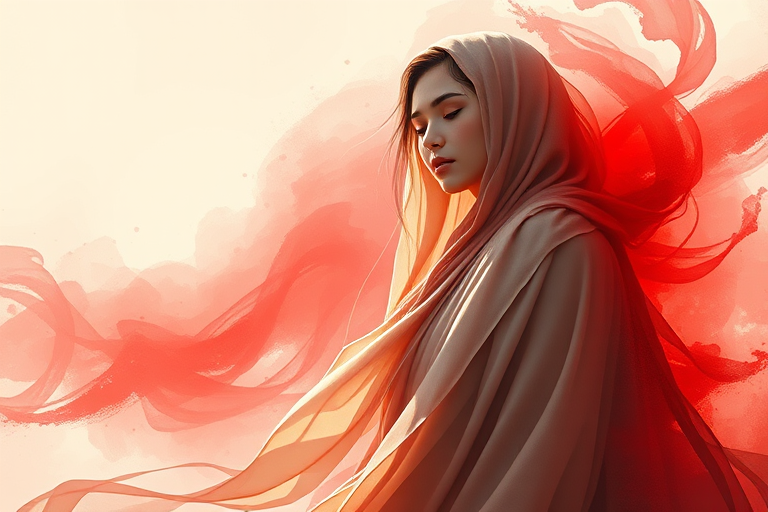 Create a high-resolution digital painting of a serene figure with flowing robes, surrounded by soft red abstract brush strokes, using a Canon EOS R5 with a 50mm f/1.2 lens at f/2.8, ISO 100, with a shallow depth of field and soft natural lighting to enhance the ethereal quality.