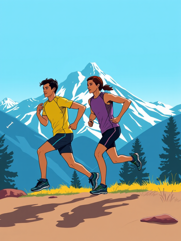 Create a vibrant graphic featuring two runners in a dynamic pose against a stylized mountain backdrop, capturing a bright blue sky, use a digital drawing style, with a high-resolution setting of 300 DPI, and a wide-angle view to enhance the composition.