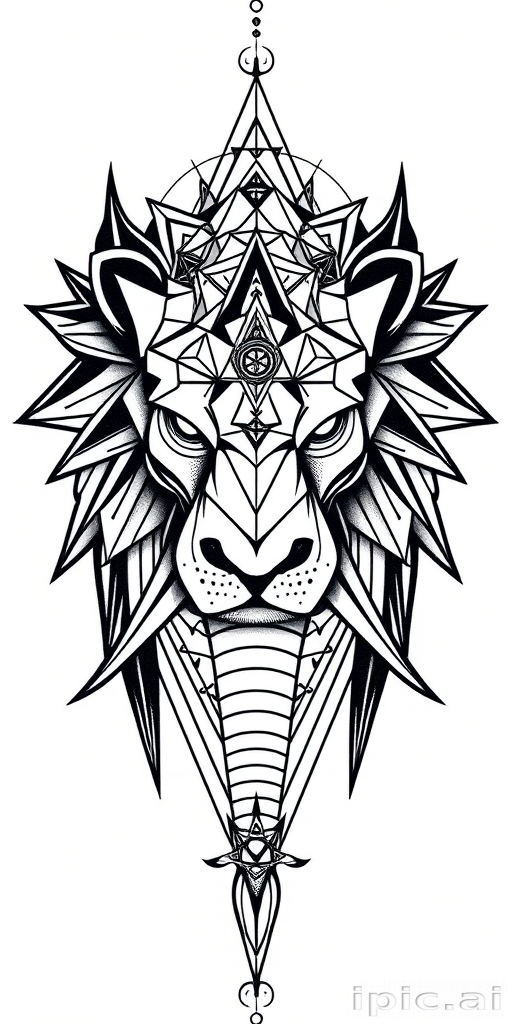 Geometric animal tattoo, "Sacred Geometry Beast," combining sharp lines and perfect shapes to form a majestic animal like a lion or elephant, incorporating sacred geometry patterns and symbols within the design, ideal for a large-scale back or chest piece