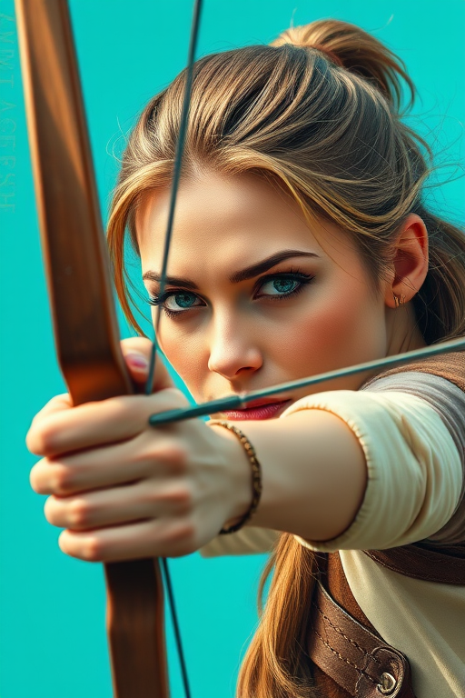 a highly detailed portrait of a woman drawing a bow and arrow, fierce expression, vibrant turquoise background, sharp focus, 50mm lens, f/1.8, natural lighting, textured brush strokes for artistic effect, digital painting style