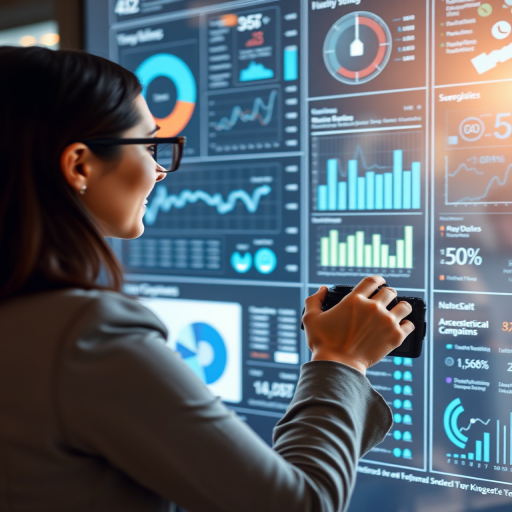 Create an image of a woman in business attire interacting with a large digital display showing various data visualizations and graphs, use a DSLR camera with a 50mm lens, aperture set to f/1.8 for a shallow depth of field, shooting in natural light with a slight bokeh effect, and capture from a slightly low angle to emphasize the data on the screen.