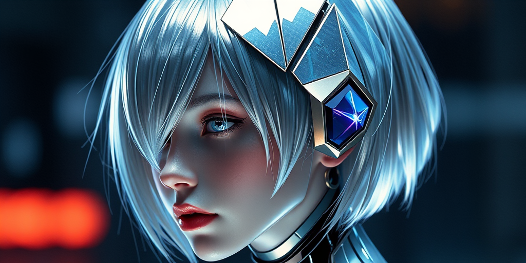 Mesmerizing metallic silver-haired android with a futuristic, geometric bob featuring sharp angles and holographic accents