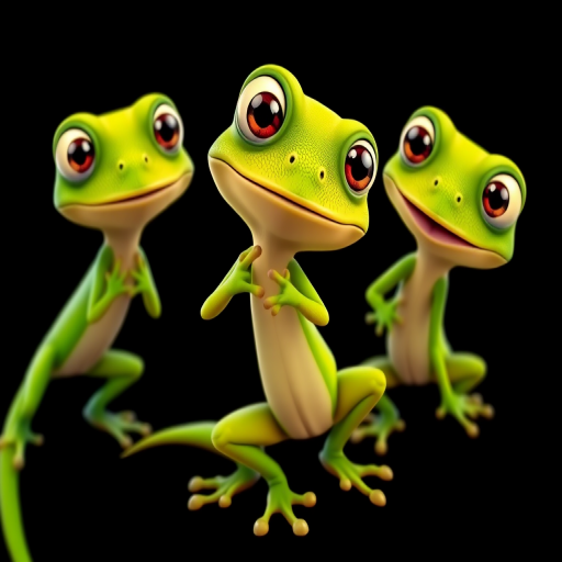 Three cartoonish green lizards with big eyes in playful poses against a black background, captured with a DSLR camera, 50mm lens, f/2.8 aperture, ISO 100, focused on vibrant colors and sharp details, in a high-resolution digital style.