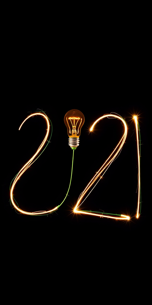 Create an image of the number 2021 formed with glowing light trails, featuring a stylized light bulb as part of the design, set against a black background with sparkling effects, shot with a DSLR camera using a 50mm lens, aperture set to f/1.8, ISO 100, shutter speed 1/60s, in low light for enhanced clarity and depth.