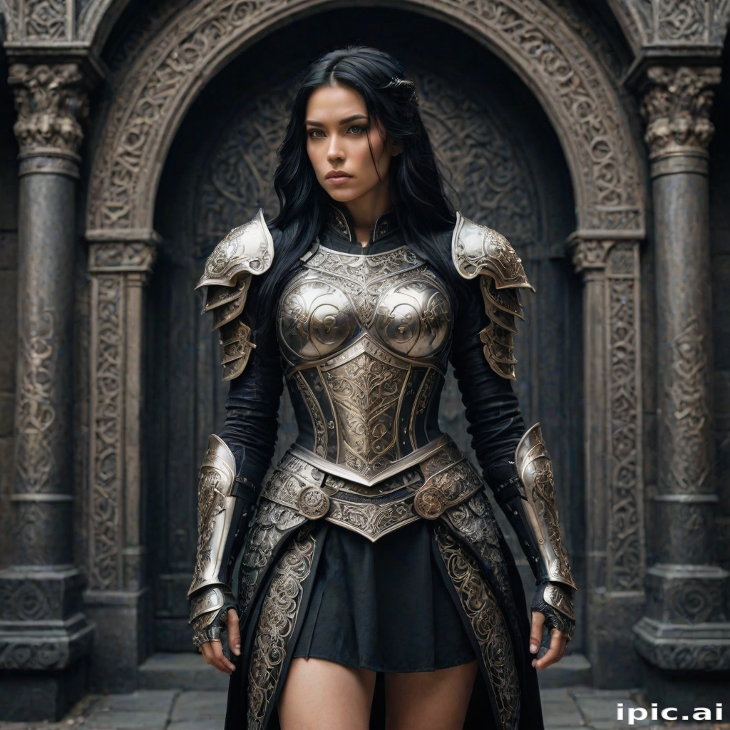 Create a photo of a fierce female warrior with long black hair, wearing an ornate, metallic armor. The armor includes a breastplate with intricate designs, shoulder guards, and gauntlets. The breastplate is decorated with a central emblem, possibly representing a mythical symbol, and has a sculpted, form-fitting design. She wears a belt with a large skull ornament at the center, and her armor extends into a partial skirt, revealing one leg. The overall look is both protective and stylish, with a dark, gothic aesthetic. The background is dimly lit, suggesting a medieval or fantasy setting, enhancing the warrior's imposing presence and intense expression.