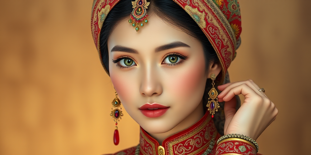 Create a portrait of a beautiful Vietnamese woman with striking green eyes and a gentle expression. She is adorned in traditional attire with intricate patterns, including a richly embroidered headscarf and matching garments. Her jewelry includes a delicate headpiece, dangling earrings, and ornate bracelets, all featuring vibrant gemstones and detailed metalwork. The background is soft and warm, enhancing the rich colors of her outfit and jewelry.