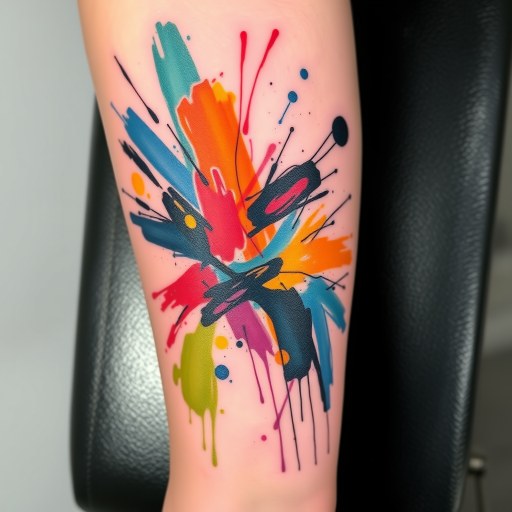 Abstract expressionist tattoo titled "Emotional Turbulence" featuring bold, gestural brushstrokes and splashes of vibrant colors that seem to dance across the skin, conveying raw emotion and energy in a non-representational style