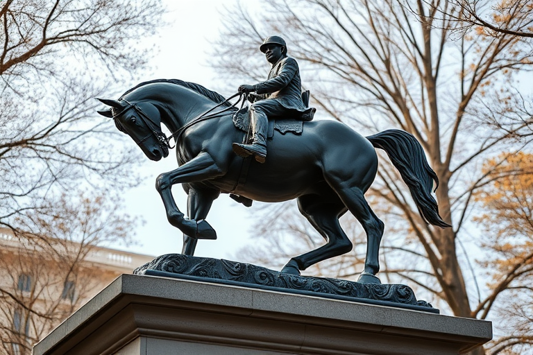 regenerate a detailed image of a bronze statue of a horse and rider, using a Canon EOS R5 with a 50mm lens, aperture f/1.8, ISO 100, natural daylight, and a low-angle shot to enhance details and textures