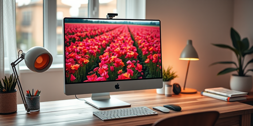 modern workspace with a sleek computer displaying vibrant flower fields, cozy lighting, wooden desk design, 50mm lens, f/2.8 aperture, ISO 200, soft focus background, warm color grading, taken with a DSLR camera in a natural light setting