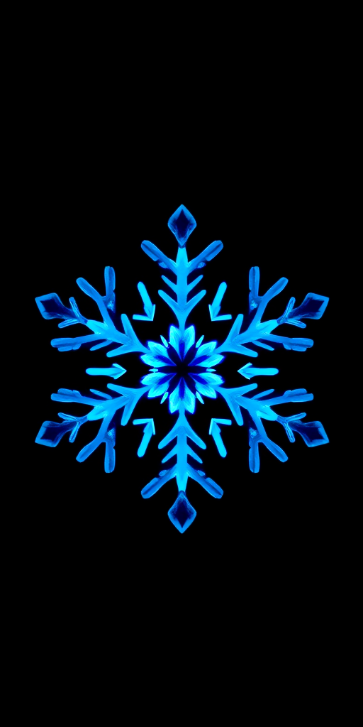 Create a high-resolution digital illustration of a symmetrical snowflake design on a solid black background, using a Canon EOS R5 camera with a 50mm f/1.8 lens, at ISO 100, aperture f/2.8, and a shallow depth of field, emphasizing vibrant light blue gradients for added depth and texture.