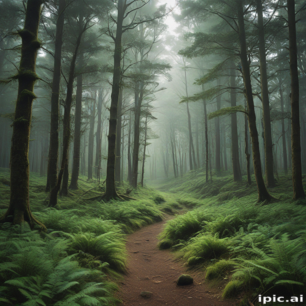 Tranquil Forest Pathway Surrounded by Lush Greenery and Misty Atmosphere