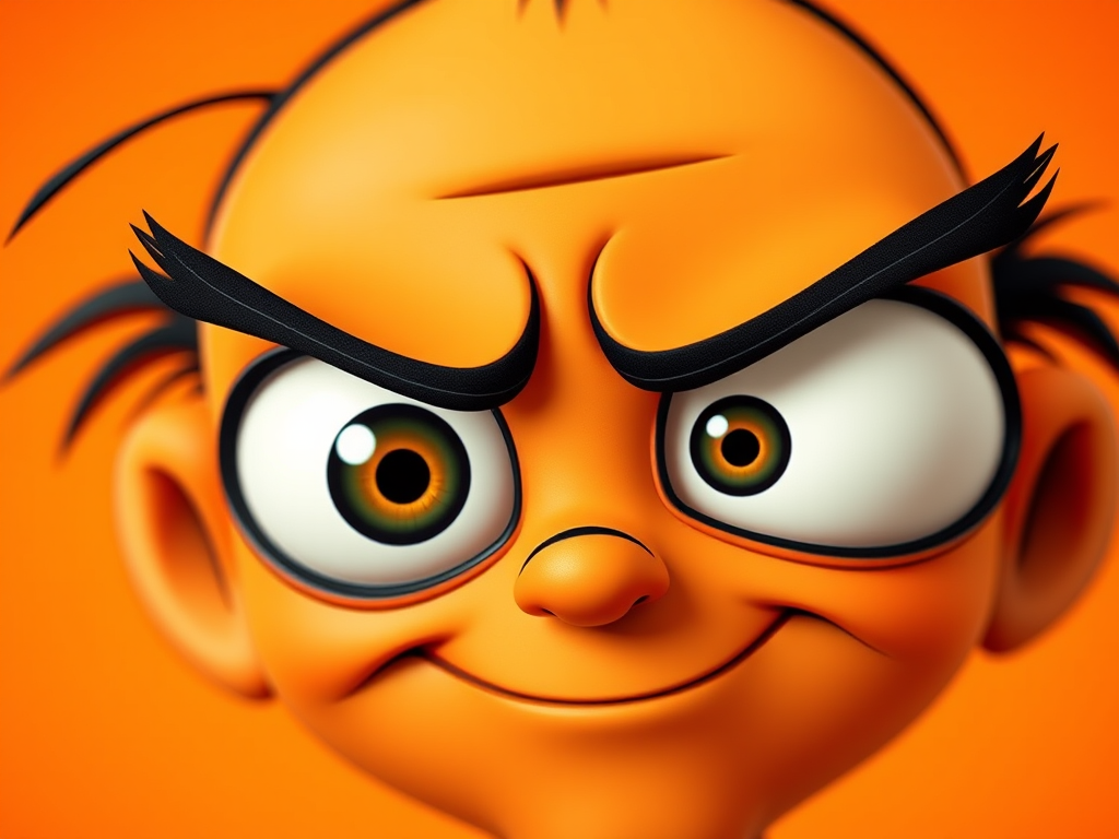 Create an image of an expressive cartoon face with exaggerated spiral eyes and furrowed eyebrows on a vivid orange background, captured using a DSLR camera at f/8 aperture, ISO 100, 1/200 sec shutter speed, in portrait orientation with a soft focus effect for enhanced depth.
