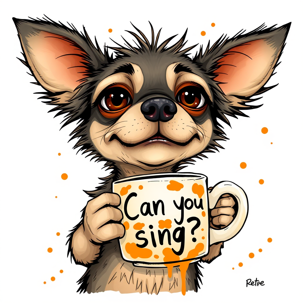 A quirky, artistic illustration of a disheveled chi chi dog breed with exaggerated, large eyes and spiky fur, holding a coffee mug that reads "Can you sing?". The dog has a tired but humorous expression, with Mango ink splatters