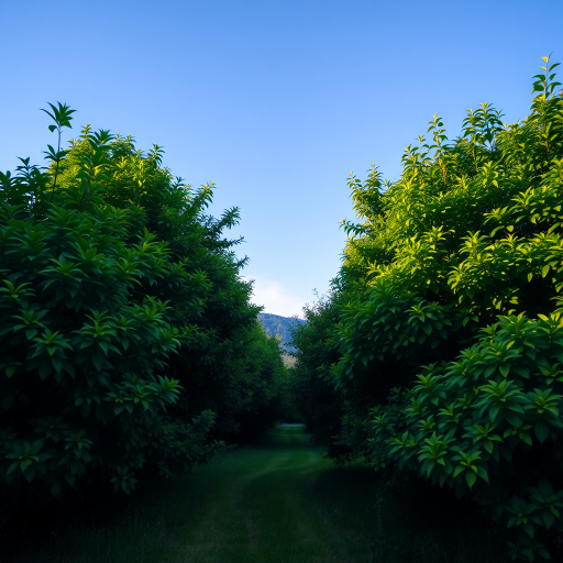 Create a high-resolution image of a serene landscape with lush greenery and a clear blue sky, captured with a Canon EOS R5 at 24mm, f/8, ISO 100, using a wide-angle lens in natural light for vibrant colors and sharp details.
