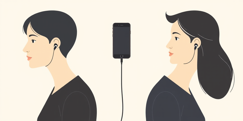 Create a minimalistic illustration of two people back-to-back with earbuds in, a smartphone hovering in the middle connected by a headphone jack, use a neutral color palette, shot with a Canon EOS R, 50mm lens, f/2.8 aperture, ISO 100, in natural soft lighting for enhanced clarity.