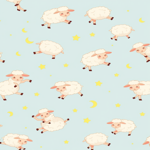 Create a seamless pattern featuring whimsical, cartoon-style sheep in pastel colors, playfully jumping across a light blue background with small yellow stars and crescent moons, using macro photography settings with a Canon EOS R, aperture f/2.8, ISO 200, 50mm lens for enhanced detail and vibrancy.