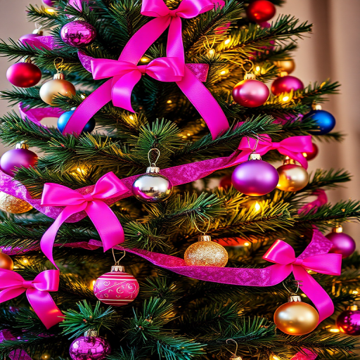 Create an image of a vibrant Christmas tree adorned with bright pink and purple ribbons, colorful ornaments in various sizes, and twinkling lights, capturing a festive and cheerful holiday atmosphere.