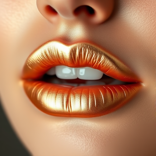 Elegant capture of champagne gold lips with a metallic finish, emphasizing luxurious sheen and light-catching properties in soft lighting