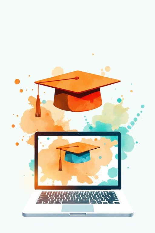 Create a digital illustration of a graduation cap above a laptop with a graduation cap on the screen, using watercolor splash effects in orange and teal, taken with a DSLR camera at f/8 aperture, ISO 100, 35mm lens, shot from a slight overhead angle for a dynamic perspective.