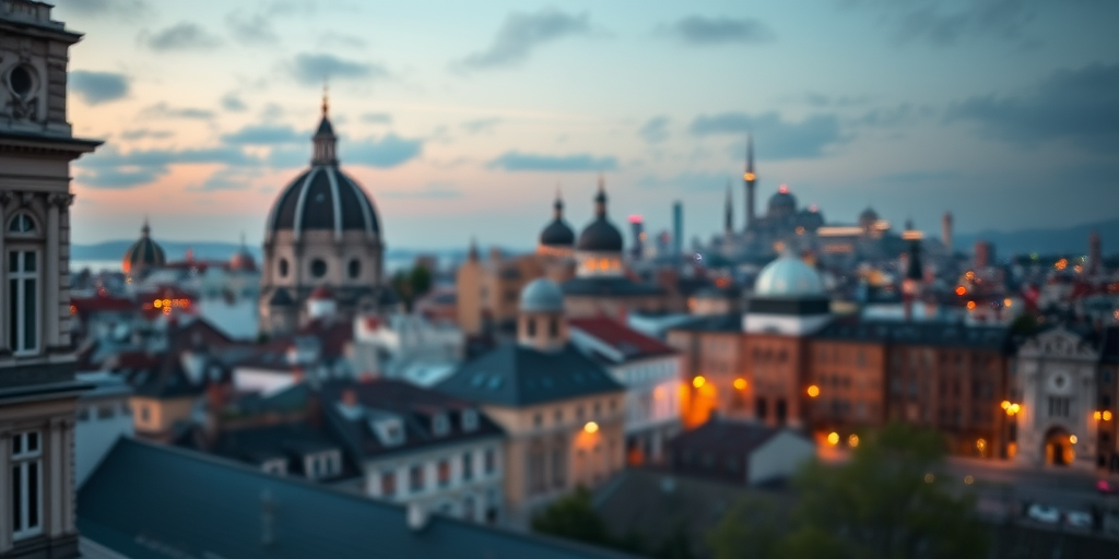 regenerate a soft-focus twilight cityscape with historic buildings and modern skyline, using a Canon EOS R5, 50mm f/1.2 lens, aperture f/2.8, ISO 100, 1/60s exposure, high dynamic range, shallow depth of field, and a slightly elevated angle for a panoramic view
