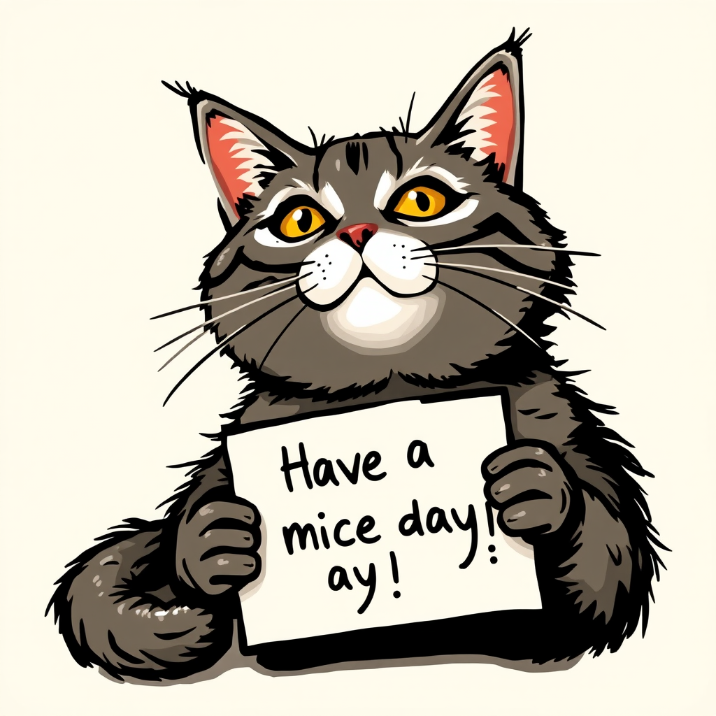 cat holding a note which says "Have a mice day!"