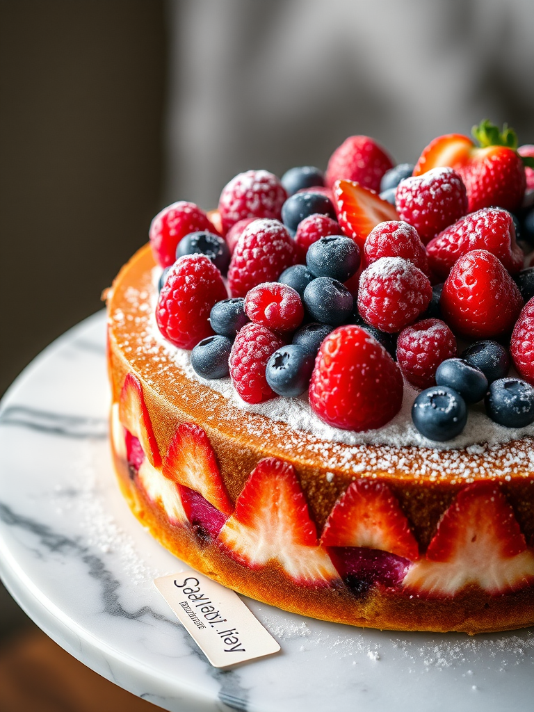 A beautifully decorated cake topped with fresh raspberries blueberries and strawberries dusted with powdered sugar on a marble cake stand with a blurred light background.