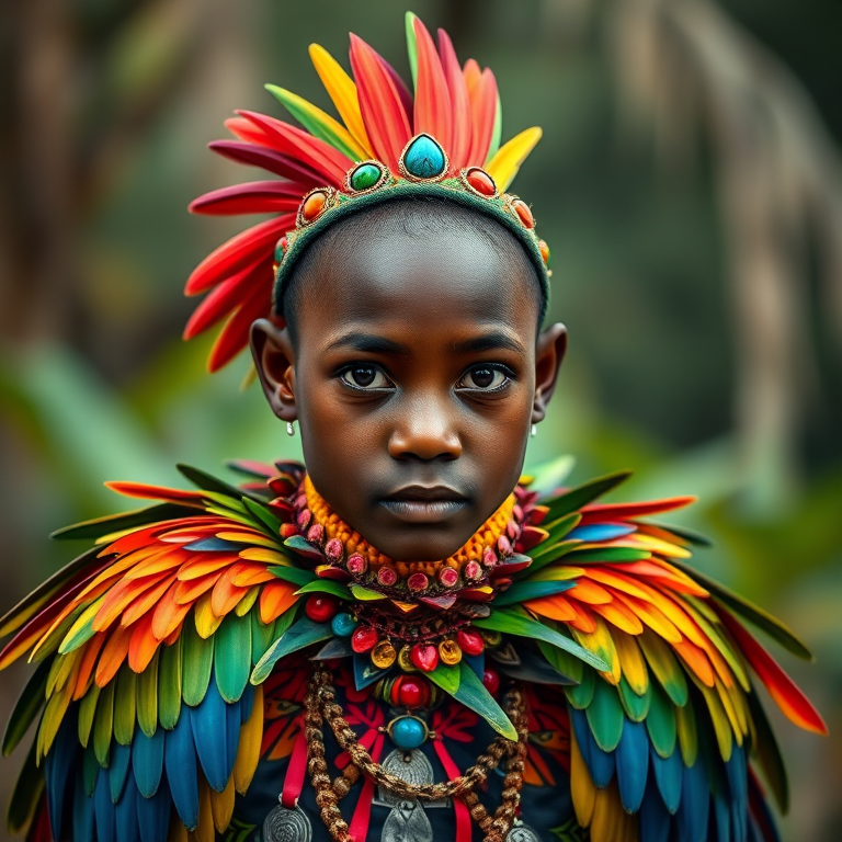 A beautiful Melanesian girl, wearing colorful bird clothing with vibrant colors