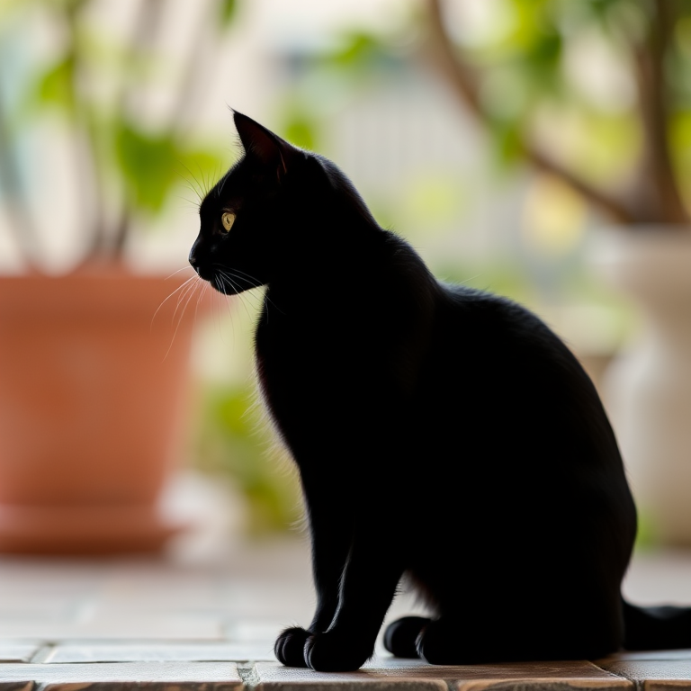 Generate a high-quality image of a unique black silhouette of a cat with a sleek design, using a DSLR camera at 50mm focal length, aperture set to f/1.8 for a soft background blur, ISO 100 for minimal noise, and a natural light source for balanced exposure.