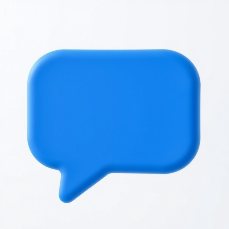 Create a 3D render of a blue speech bubble icon with smooth edges, using a DSLR camera with a 50mm lens, aperture set to f/2.8, shutter speed of 1/125s, ISO 100, and a slightly blurred background for depth.