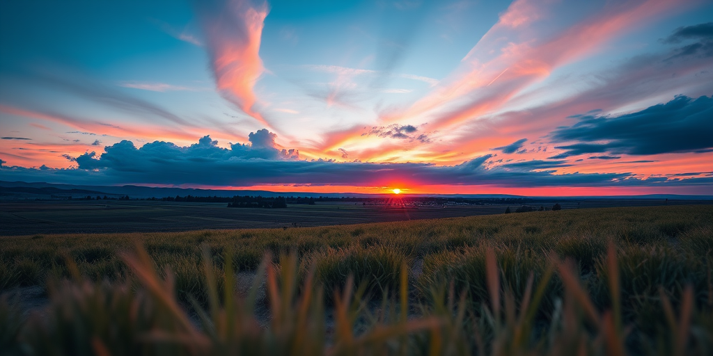 Create a high-resolution image of a serene landscape during sunset with vibrant colors, using a Canon EOS R5, 24mm lens, f/8 aperture, ISO 100, 1/200 second shutter speed, shot from a low angle to capture the foreground and enhance depth.