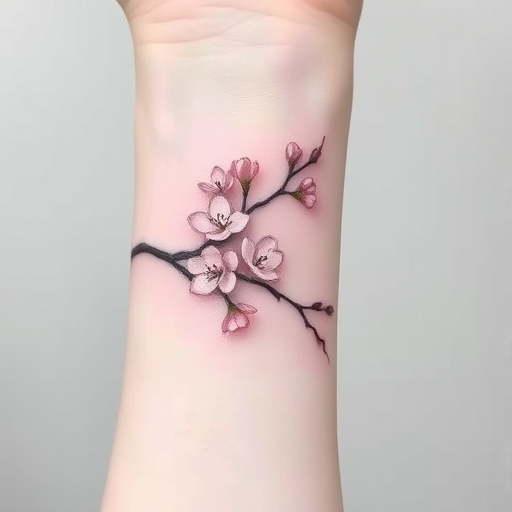 Delicate fine line tattoo of a blooming cherry blossom branch wrapping around the wrist, incorporating soft pink and white hues with subtle gray shading, emphasizing minimalist elegance and botanical precision