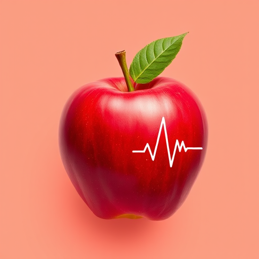 create a vibrant flat design image of a red apple with a green leaf and a heartbeat line running through it, shot with a Canon EOS R5, 50mm lens, f/2.8 aperture, and a high saturation color style