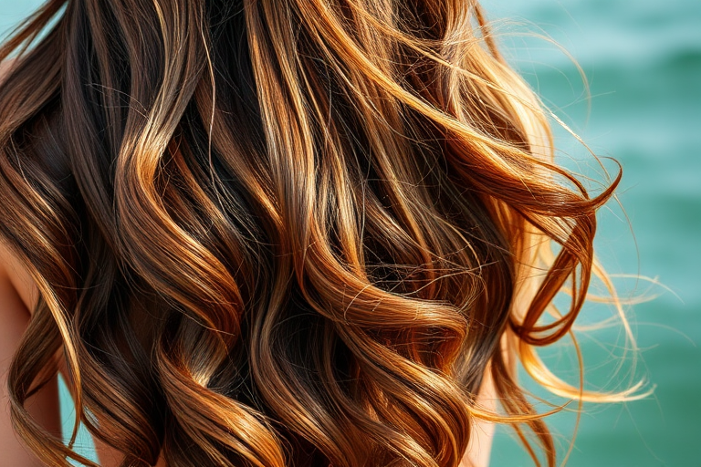 Luscious chocolate brown mermaid waves adorned with caramel highlights, Sun-Kissed Siren style, flowing down to the waist with natural-looking dimension and beachy texture