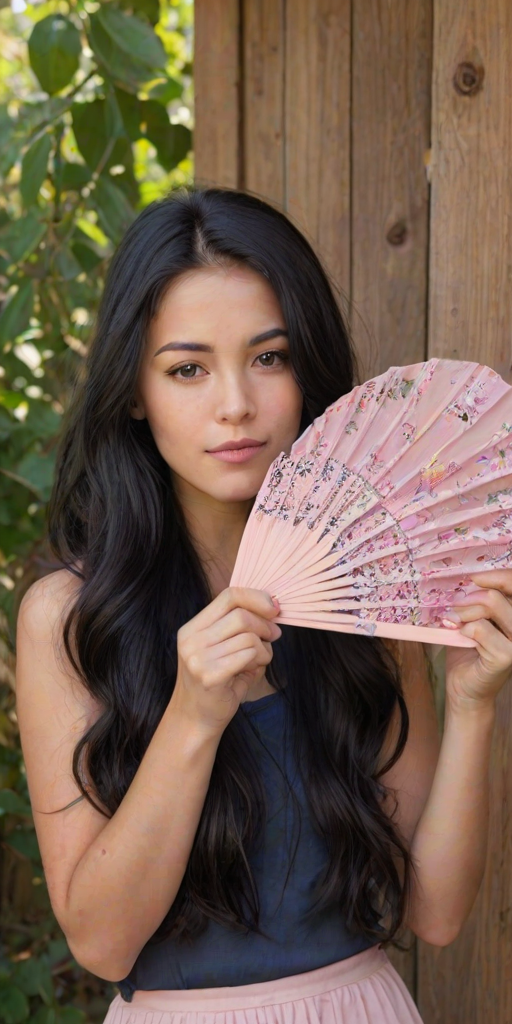 Create an image of a young woman with long black hair holding a decorative pink fan, partially covering her face, in a soft outdoor setting with wooden backgrounds and gentle lighting.