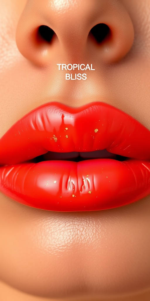 Vibrant coral sunset lips with a glossy finish, dubbed "Tropical Bliss," feature a subtle ombre effect and tiny gold flecks for a glamorous beach-inspired look