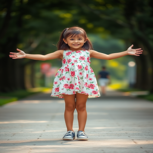 Create a high-resolution image of a young girl standing with her arms outstretched, wearing a floral dress and sneakers, captured with a DSLR camera at f/2.8 aperture, ISO 100, 50mm lens, in soft natural lighting with a slight bokeh effect in the background.