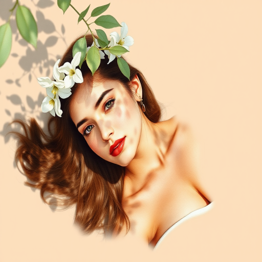 create a watercolor painting of an ethereal portrait of beautiful Assyrian woman with a simple white flower crown on her head. Her hair is long and she is lying on the ground. The sunlight on the trees casts shadows from the leaves on her face and body. The background is a neutral brown color that matches her skin tone. The image is minimalist and solid colors. This style is characterized by soft, delicate brushstrokes and a light, airy, contrasting color palette. High level of detail and play of light