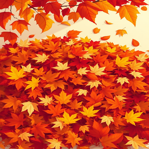 create a vibrant illustration of a pile of autumn leaves in various colors like red, orange, yellow, and brown with some leaves gently falling above, using a wide-angle lens, f/2.8 aperture, 50mm focal length, and soft natural lighting to enhance detail and depth.