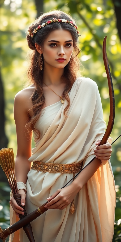 Create a portrait of a goddess-like Persian girl figure in a tranquil, forested environment. She has an elegant appearance with long, wavy hair styled in an updo and adorned with a delicate, floral headband. She wears a flowing, ancient Greek-inspired gown in a soft, pale color, featuring a one-shoulder design and draped fabric that accentuates her graceful form. The outfit includes a decorative belt with ornate gold detailing, and she holds a bow in her hand, with a quiver of arrows slung over her shoulder. The background depicts lush greenery, with sunlight filtering through the trees, casting a gentle, ethereal light on the scene. Her expression is calm and contemplative, embodying a sense of wisdom and serenity.