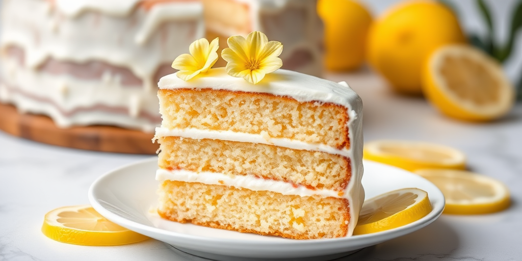 A slice of lemon cake with three layers frosted with white icing garnished with a small yellow flower on top placed on a white plate with a blurred background of the whole cake and lemon slices around it