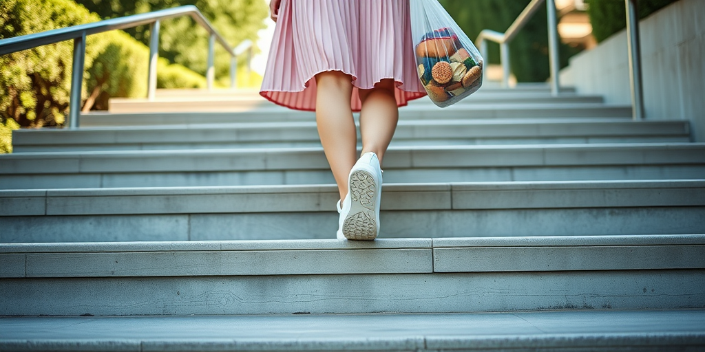 Regenerate the image of a person walking up a set of outdoor steps, wearing a pastel pink pleated skirt and white sneakers, holding a clear bag filled with food, captured from a low angle with a 50mm lens, f/2.8 aperture, ISO 200, natural lighting, and a crisp focus on the subject.