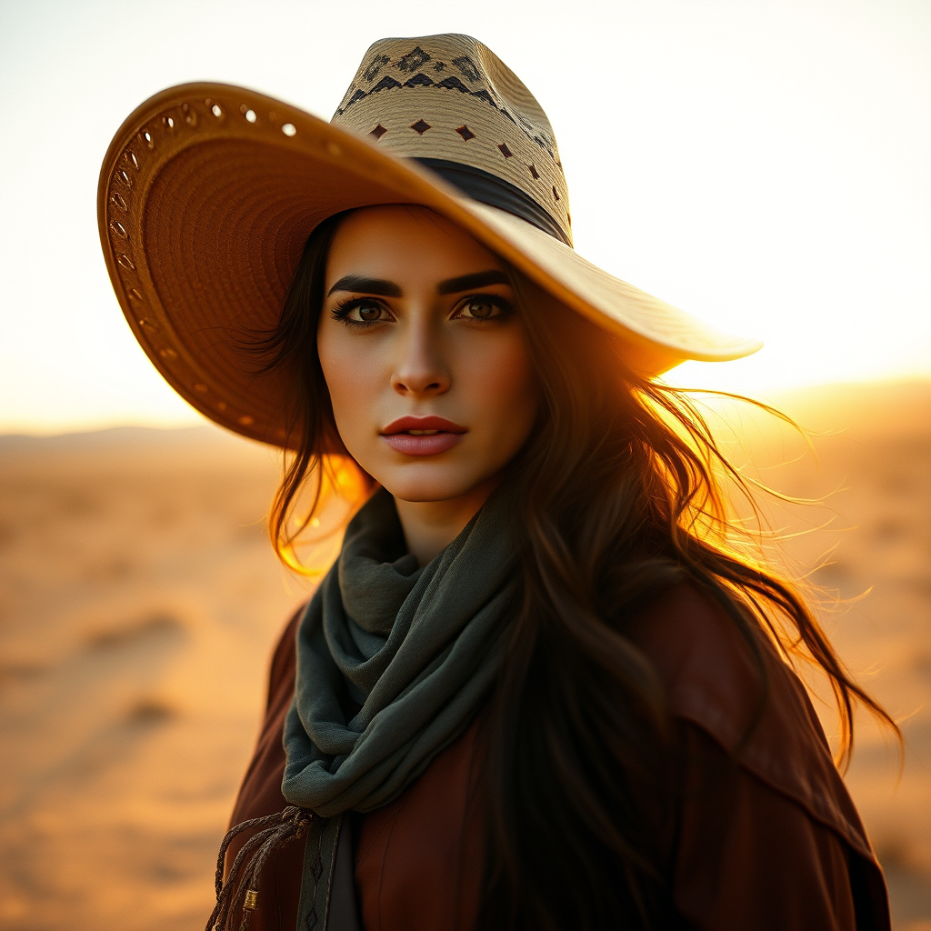 Dramatic photo of a beautiful Azerbaijani woman, classic cowboy attire, confident and free spirit expression, half-length portrait, centered, golden hour desert landscape, warm, diffused light, low angle, medium format film camera, in style of Annie Leibovitz.