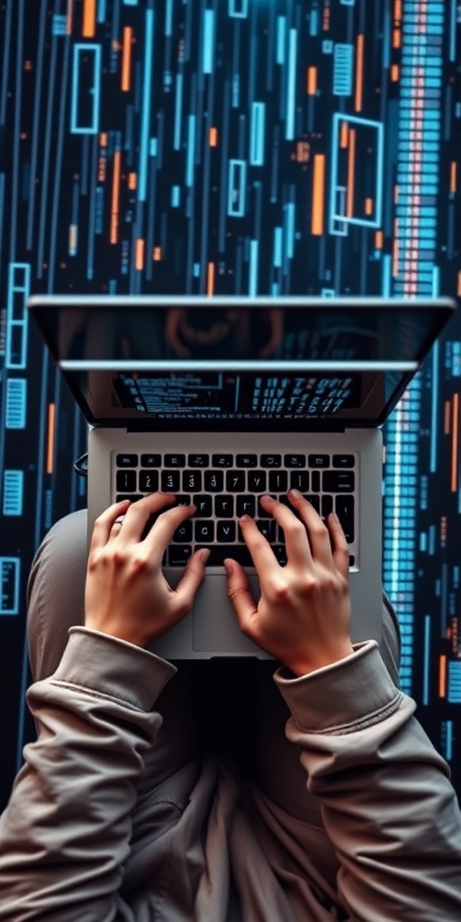 top-down view of a person typing on a laptop with a futuristic digital background, aperture f/2.8, ISO 100, shutter speed 1/125s, shot with a DSLR camera, wide-angle lens, high-resolution image quality